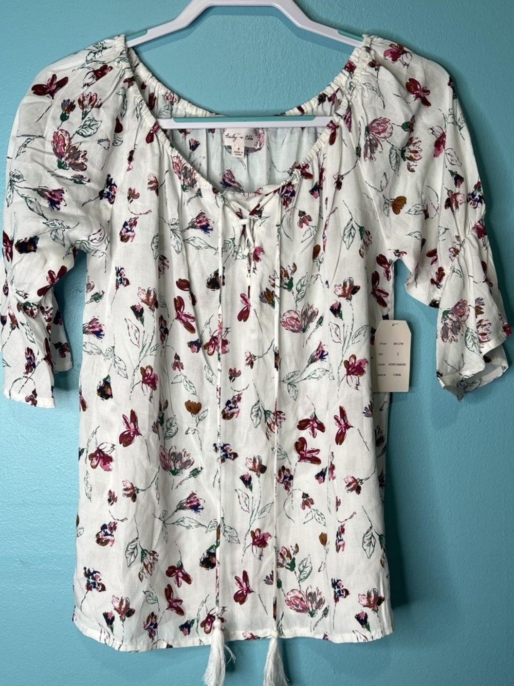 Tie-Neck Floral Peasant Blouse in White with Pink & Green